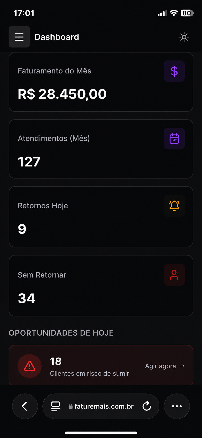 FatureMais no celular mostrando clientes para retorno